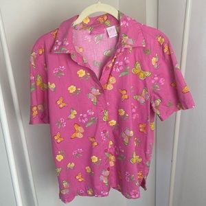 Y2K Pink Short Sleeve Button Up Butterfly Shirt | Size Medium